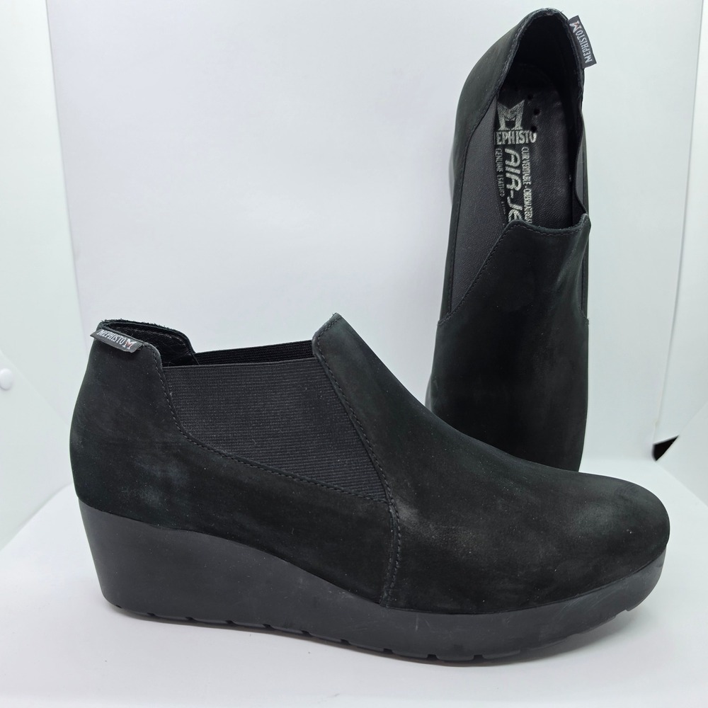 Mephisto Tosca Air-Jet Black Nubuck Leather Wedge Ankle Boots Womens US 9 UK 6.5